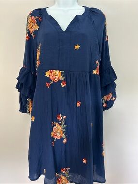 Fig and Flower Anthropologie Boho Embroidered Navy Floral Midi Dress